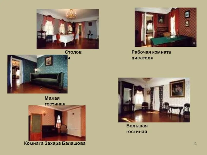 Столовая Малая гостиная Большая гостиная Рабочая комната писателя Комната Захара Балашова