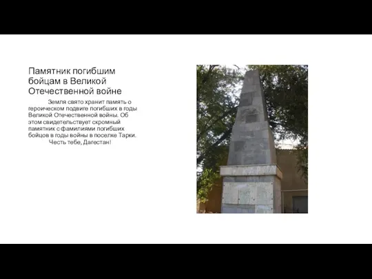 Памятник погибшим бойцам в Великой Отечественной войне Земля свято хранит