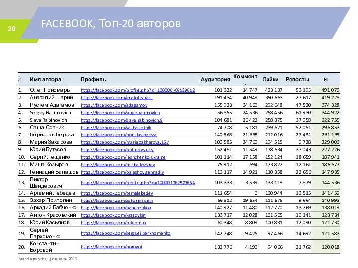 FACEBOOK, Топ-20 авторов Brand Analytics, февраль 2016