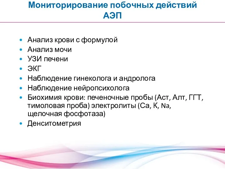 Мониторирование побочных действий АЭП Анализ крови с формулой Анализ мочи