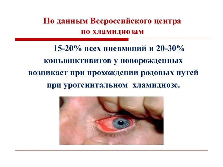 По данным Всероссийского центра по хламидиозам 15-20% всех пневмоний и 20-30% конъюнктивитов у