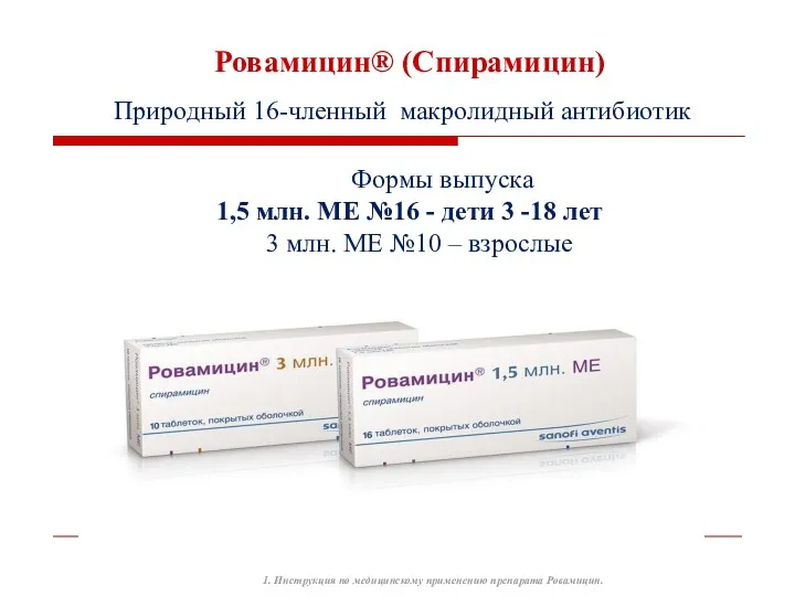 Ровамицин® (Спирамицин) Природный 16-членный макролидный антибиотик Формы выпуска 1,5 млн. МЕ №16 -