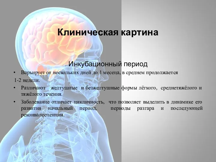 Клиническая картина Инкубационный период Варьирует от нескольких дней до 1