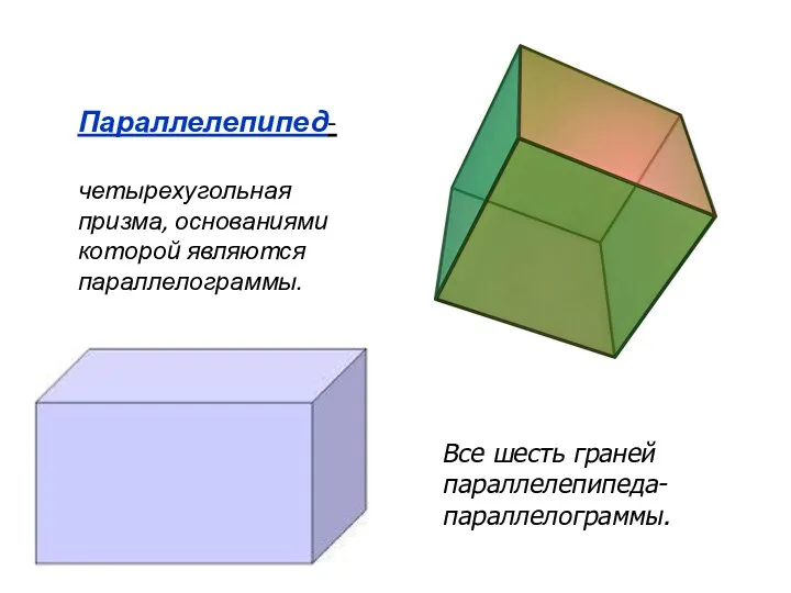 Параллелепипед- четырехугольная призма, основаниями которой являются параллелограммы. Все шесть граней параллелепипеда- параллелограммы.