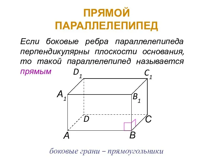 ПРЯМОЙ ПАРАЛЛЕЛЕПИПЕД Если боковые ребра параллелепипеда перпендикулярны плоскости основания, то