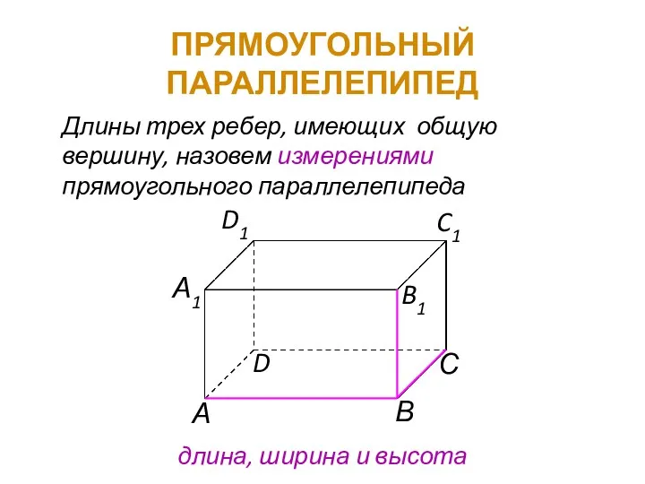 ПРЯМОУГОЛЬНЫЙ ПАРАЛЛЕЛЕПИПЕД Длины трех ребер, имеющих общую вершину, назовем измерениями прямоугольного параллелепипеда длина, ширина и высота