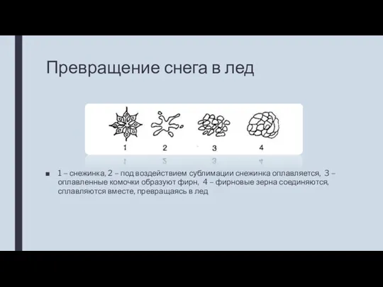 Превращение снега в лед 1 – снежинка, 2 – под