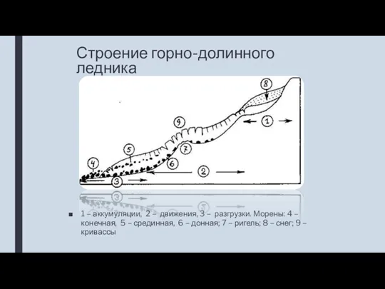 Строение горно-долинного ледника 1 – аккумуляции, 2 – движения, 3