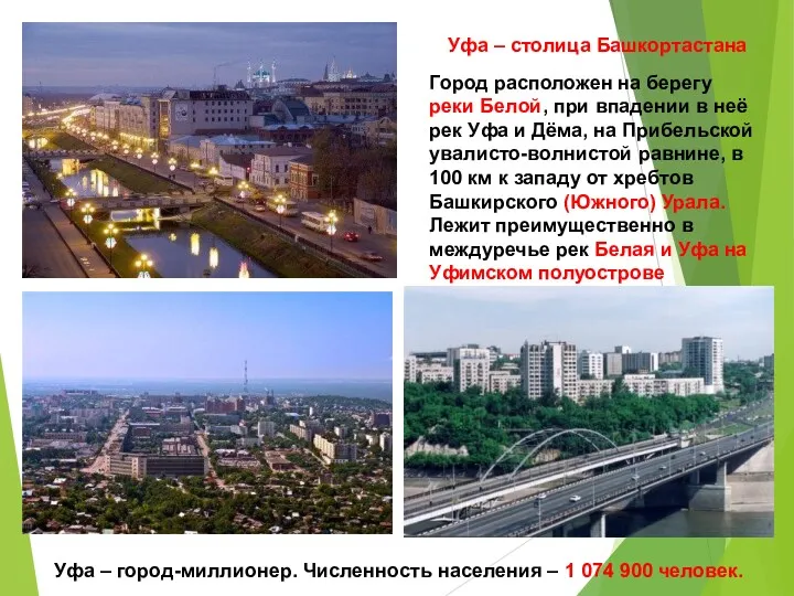 Уфа – столица Башкортастана Город расположен на берегу реки Белой, при впадении в