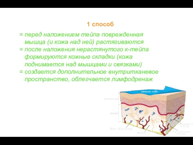 1 способ = перед наложением тейпа поврежденная мышца (и кожа