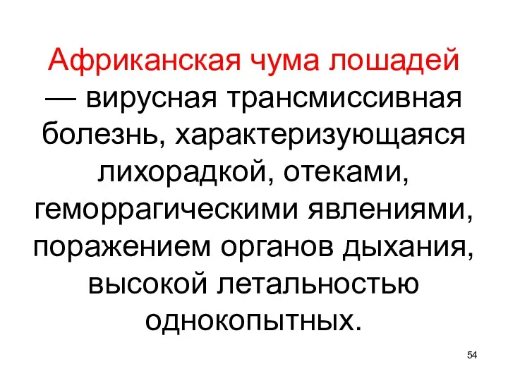 Африканская чума лошадей — вирусная трансмиссивная болезнь, характеризующаяся лихорадкой, отеками, геморрагическими явлениями, поражением