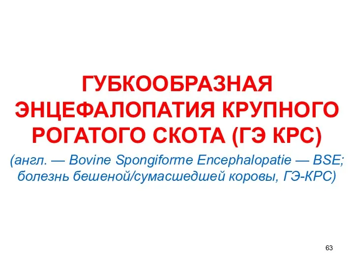 ГУБКООБРАЗНАЯ ЭНЦЕФАЛОПАТИЯ КРУПНОГО РОГАТОГО СКОТА (ГЭ КРС) (англ. — Bovine Spongiforme Encephalopatie —