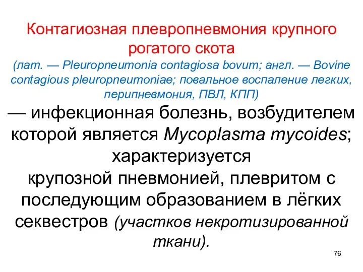 Контагиозная плевропневмония крупного рогатого скота (лат. — Pleuropneumonia contagiosa bovum; англ. — Bovine