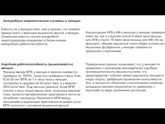 Анаэробные энергетические системы у женщин Емкость их у женщин ниже,