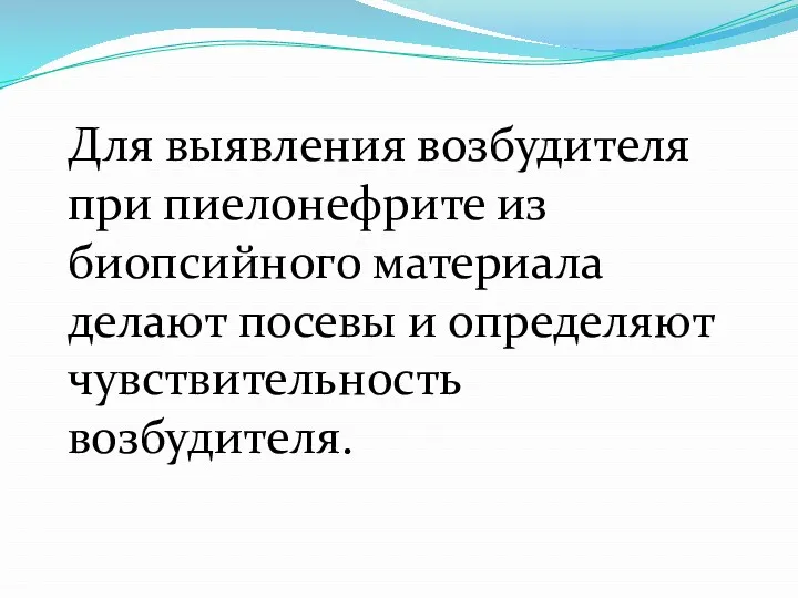 Для выявления возбудителя при пиелонефрите из биопсийного материала делают посевы и определяют чувствительность возбудителя.