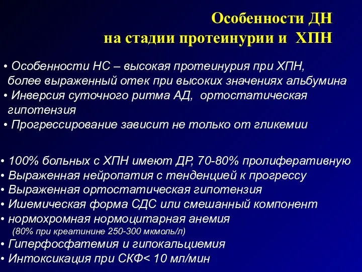 Особенности ДН на стадии протеинурии и ХПН 100% больных с