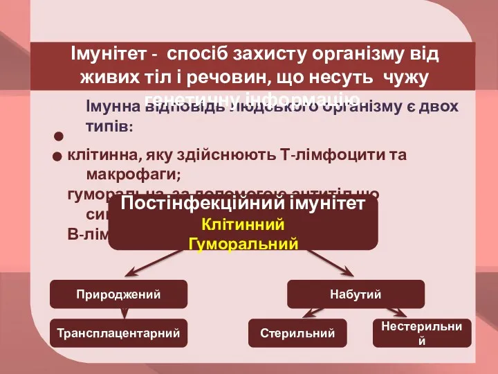 Імунна відповідь людського організму є двох типів: клітинна, яку здійснюють