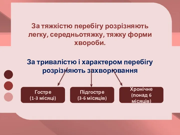 За тяжкістю перебігу розрізняють легку, середньотяжку, тяжку форми хвороби. За