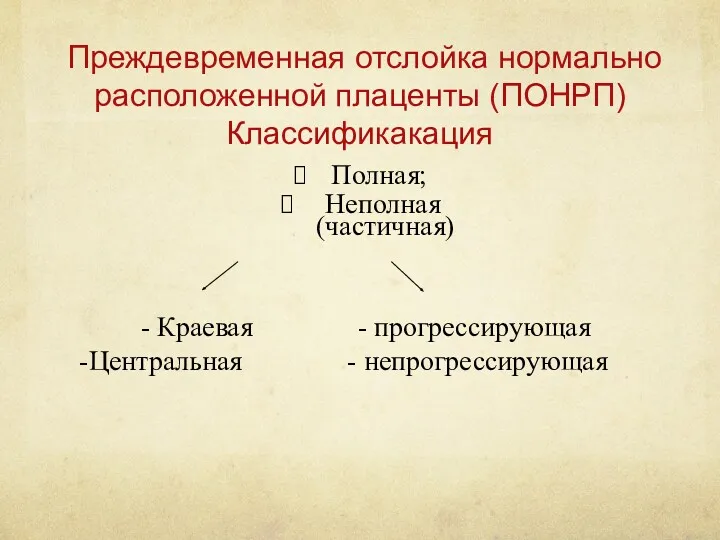 Преждевременная отслойка нормально расположенной плаценты (ПОНРП) Классификакация Полная; Неполная (частичная)