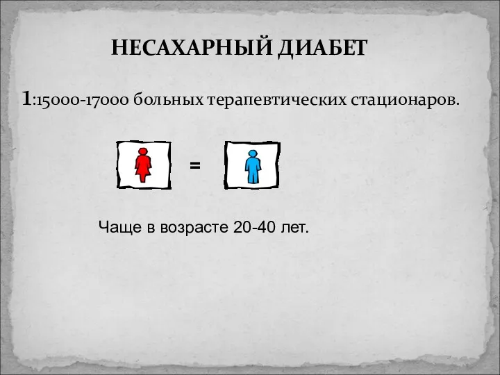 1:15000-17000 больных терапевтических стационаров. НЕСАХАРНЫЙ ДИАБЕТ Чаще в возрасте 20-40 лет.