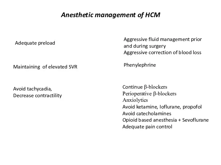 Anesthetic management of HCM Maintaining of elevated SVR Phenylephrine Adequate