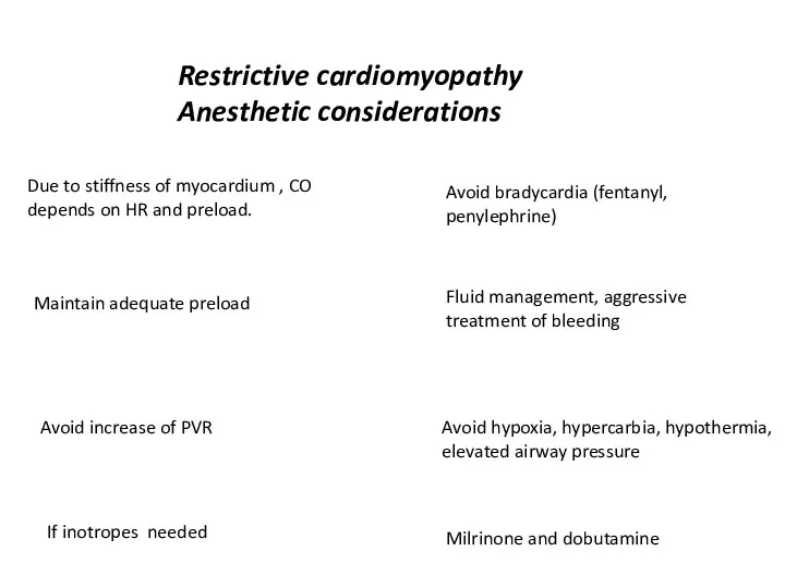 Restrictive cardiomyopathy Anesthetic considerations Due to stiffness of myocardium ,