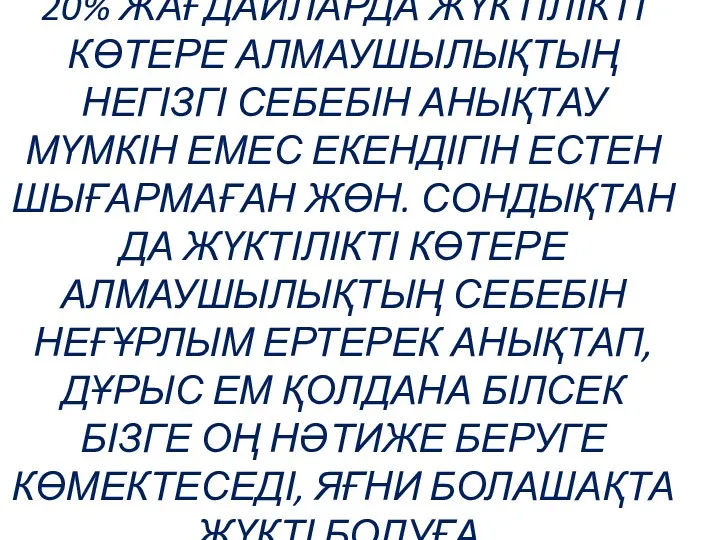 20% ЖАҒДАЙЛАРДА ЖҮКТІЛІКТІ КӨТЕРЕ АЛМАУШЫЛЫҚТЫҢ НЕГІЗГІ СЕБЕБІН АНЫҚТАУ МҮМКІН ЕМЕС ЕКЕНДІГІН ЕСТЕН ШЫҒАРМАҒАН