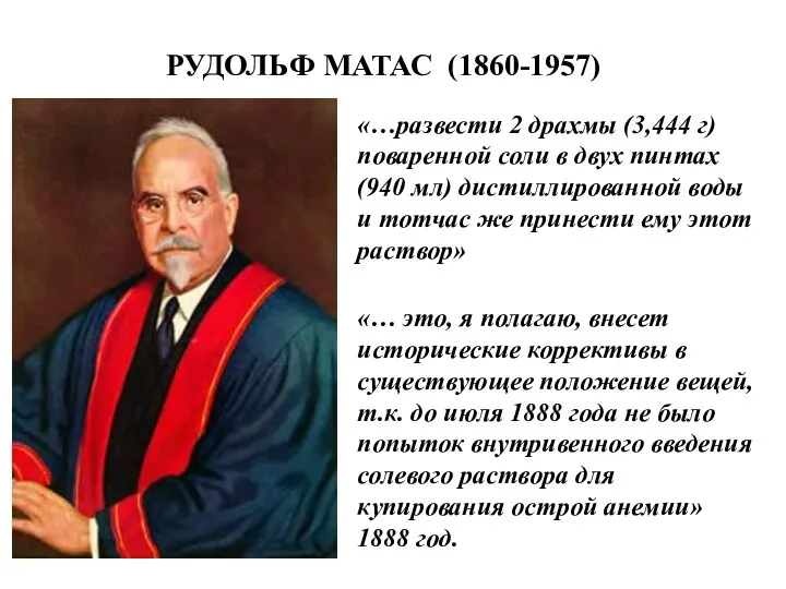 РУДОЛЬФ МАТАС (1860-1957) «…развести 2 драхмы (3,444 г) поваренной соли