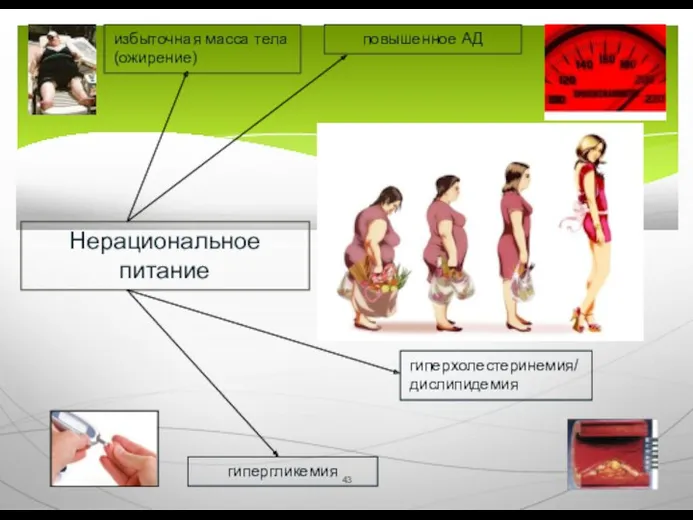 Нерациональное питание избыточная масса тела (ожирение) повышенное АД гиперхолестеринемия/дислипидемия гипергликемия