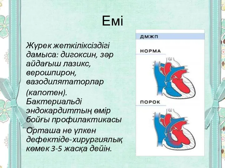 Емі Жүрек жеткіліксіздігі дамыса: дигоксин, зәр айдағыш лазикс, верошпирон, вазодилятаторлар