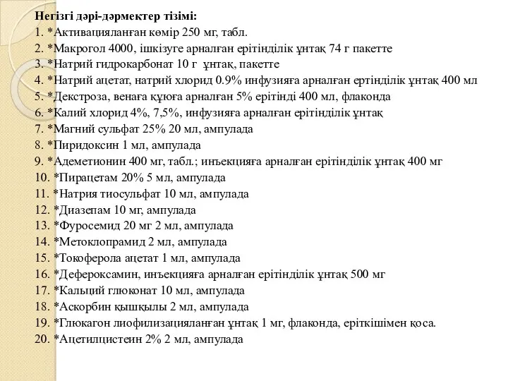 Негізгі дəрі-дəрмектер тізімі: 1. *Активацияланған көмір 250 мг, табл. 2.