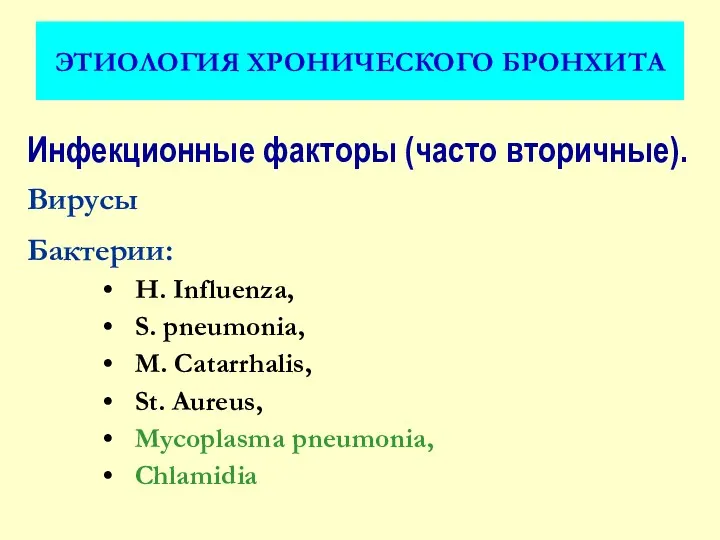 ЭТИОЛОГИЯ ХРОНИЧЕСКОГО БРОНХИТА Инфекционные факторы (часто вторичные). Вирусы Бактерии: H.