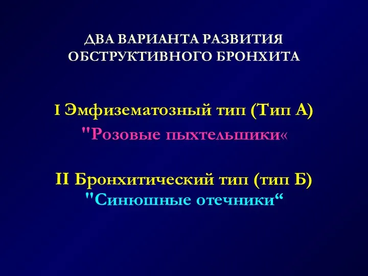 ДВА ВАРИАНТА РАЗВИТИЯ ОБСТРУКТИВНОГО БРОНХИТА I Эмфизематозный тип (Тип А)