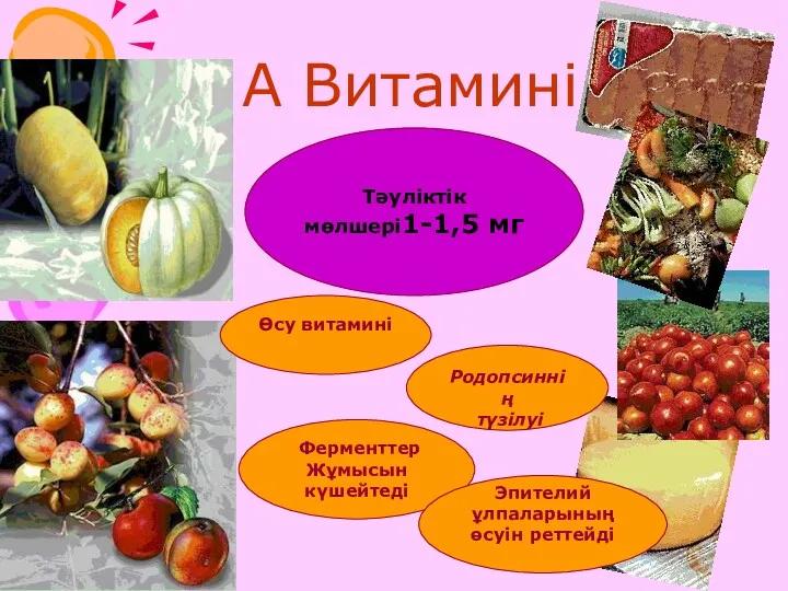 А Витамині Тәуліктік мөлшері1-1,5 мг Родопсиннің түзілуі Ферменттер Жұмысын күшейтеді Эпителий ұлпаларының өсуін реттейді Өсу витамині