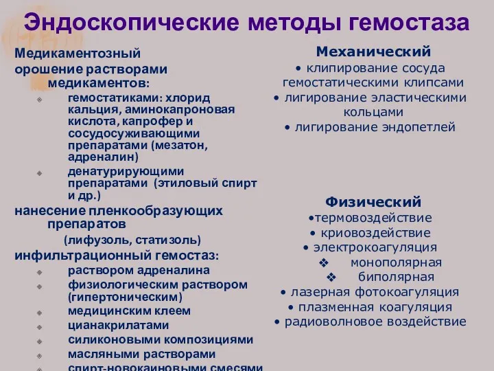 Эндоскопические методы гемостаза Медикаментозный орошение растворами медикаментов: гемостатиками: хлорид кальция,