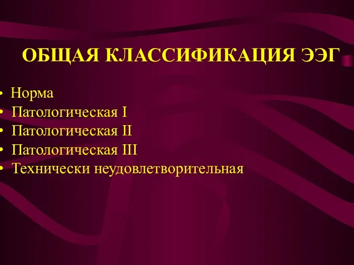 ОБЩАЯ КЛАССИФИКАЦИЯ ЭЭГ Норма Патологическая I Патологическая II Патологическая III Технически неудовлетворительная