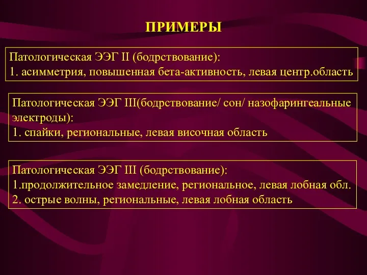 ПРИМЕРЫ Патологическая ЭЭГ II (бодрствование): 1. асимметрия, повышенная бета-активность, левая