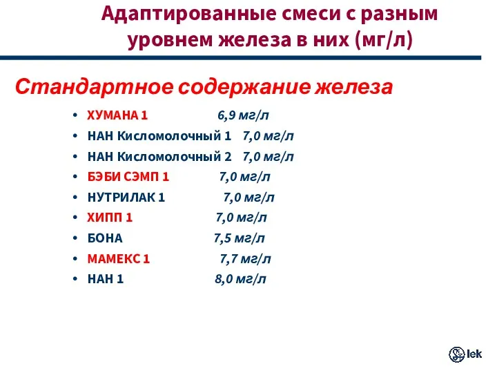 Адаптированные смеси с разным уровнем железа в них (мг/л) Стандартное