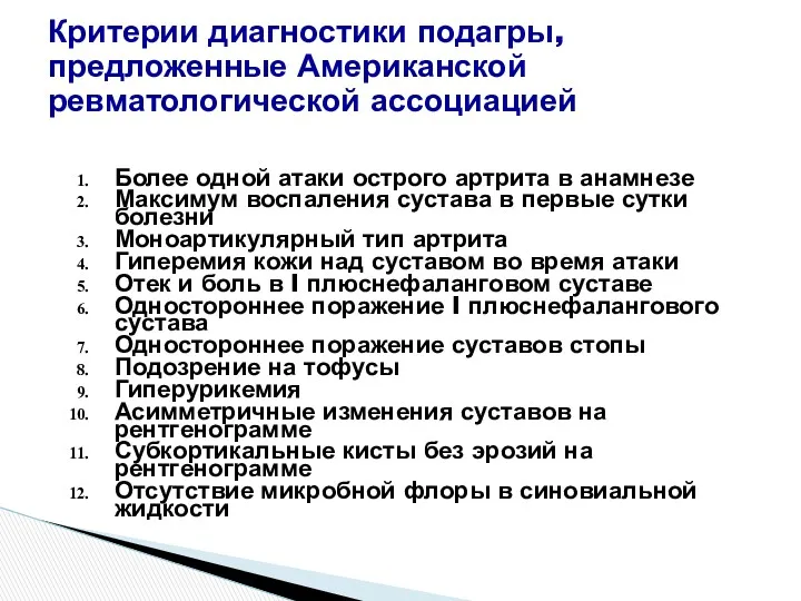 Более одной атаки острого артрита в анамнезе Максимум воспаления сустава