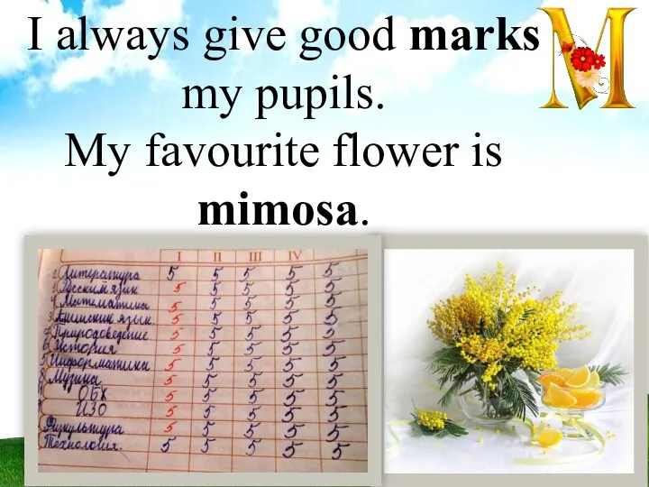 I always give good marks my pupils. My favourite flower is mimosa.