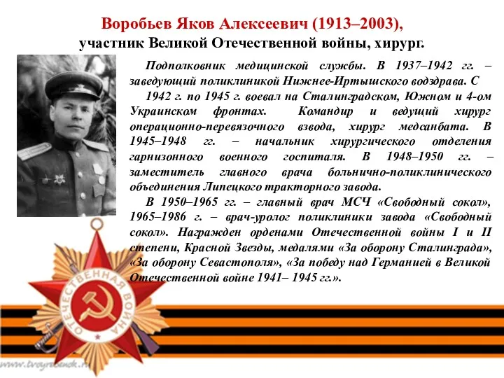 Воробьев Яков Алексеевич (1913–2003), участник Великой Отечественной войны, хирург. Подполковник