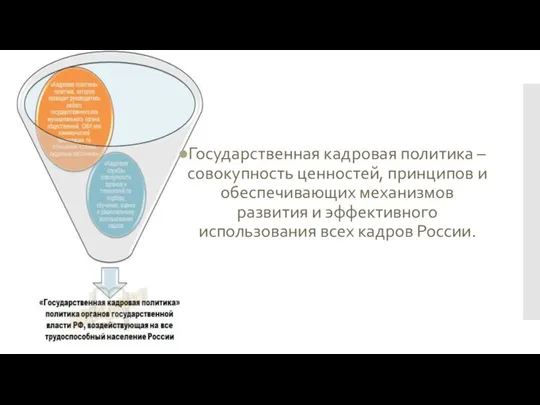 Государственная кадровая политика – совокупность ценностей, принципов и обеспечивающих механизмов