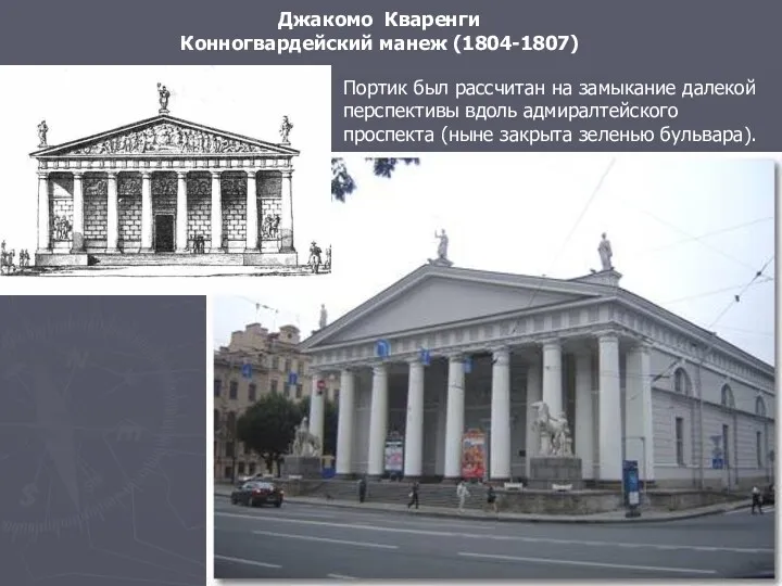 Джакомо Кваренги Конногвардейский манеж (1804-1807) Портик был рассчитан на замыкание