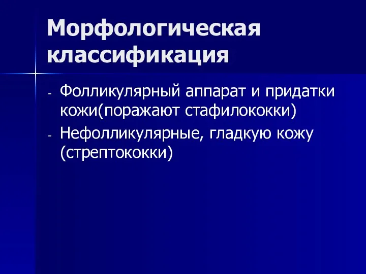 Морфологическая классификация Фолликулярный аппарат и придатки кожи(поражают стафилококки) Нефолликулярные, гладкую кожу (стрептококки)