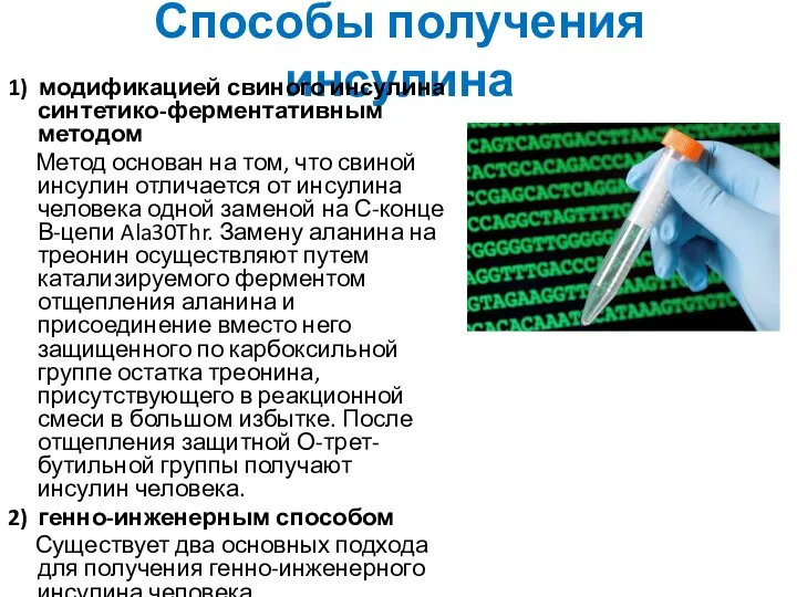 Способы получения инсулина 1) модификацией свиного инсулина синтетико-ферментативным методом Метод