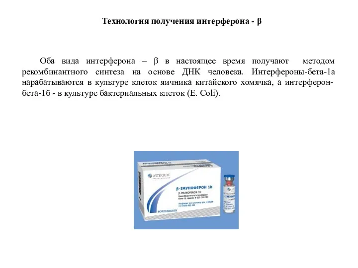Технология получения интерферона - β Оба вида интерферона – β
