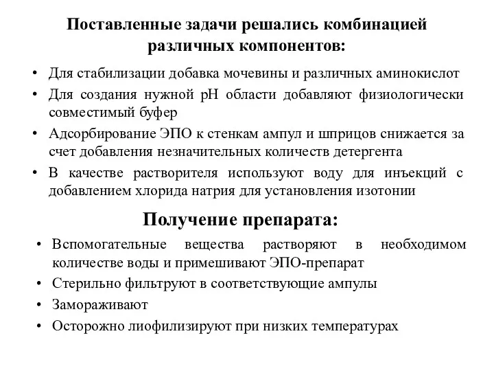 Поставленные задачи решались комбинацией различных компонентов: Для стабилизации добавка мочевины