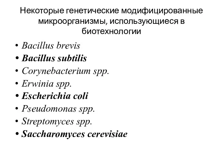 Некоторые генетические модифицированные микроорганизмы, использующиеся в биотехнологии Bacillus brevis Bacillus