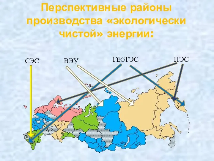 Перспективные районы производства «экологически чистой» энергии: ГЕОТЭС ПЭС СЭС ВЭУ