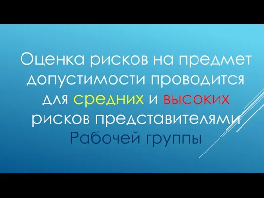 Оценка рисков на предмет допустимости проводится для средних и высоких рисков представителями Рабочей группы